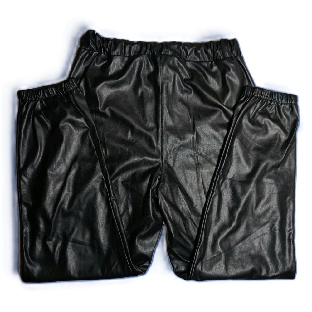 CISONO Faux Leather Jogger Pants Black Size M Drawstring Elastic Waist Women's